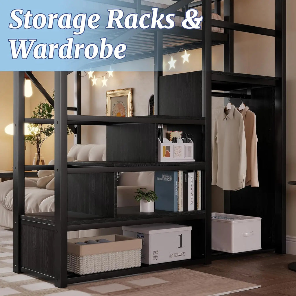 Queen Loft Bed Frame, Stairs/Storage/Wardrobe/Bedside Shelf