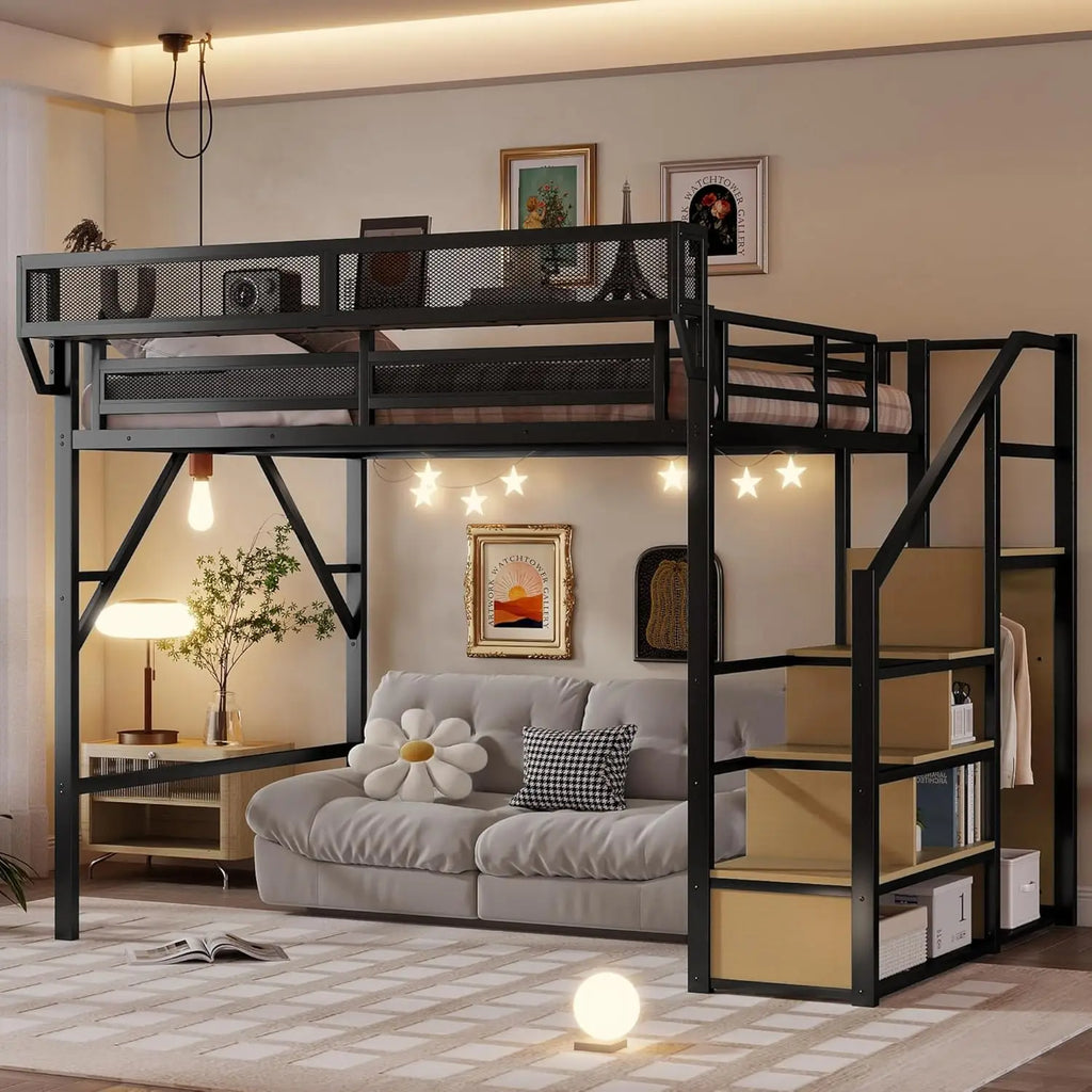 Queen Loft Bed Frame, Stairs/Storage/Wardrobe/Bedside Shelf