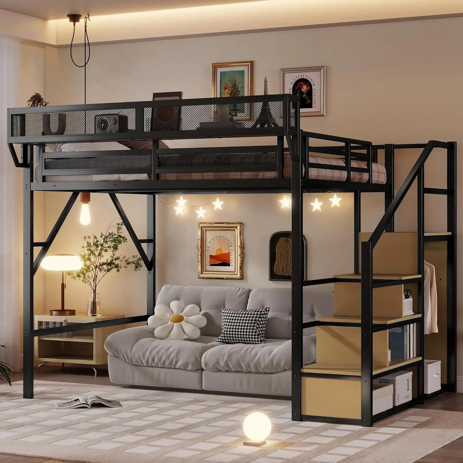 Queen Loft Bed Frame, Stairs/Storage/Wardrobe/Bedside Shelf