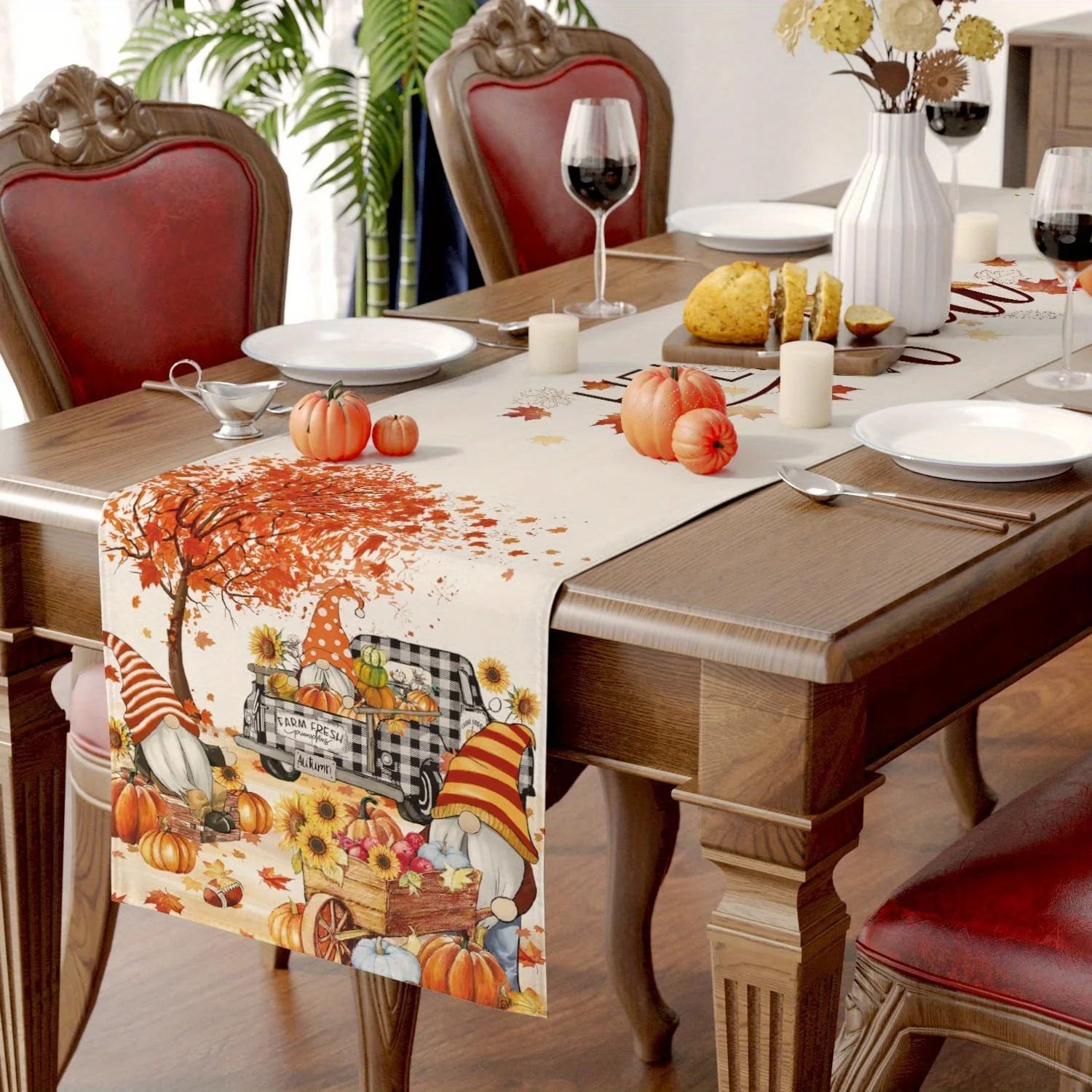 Autumn Gnomes, Sunflowers & Truck Table Runner