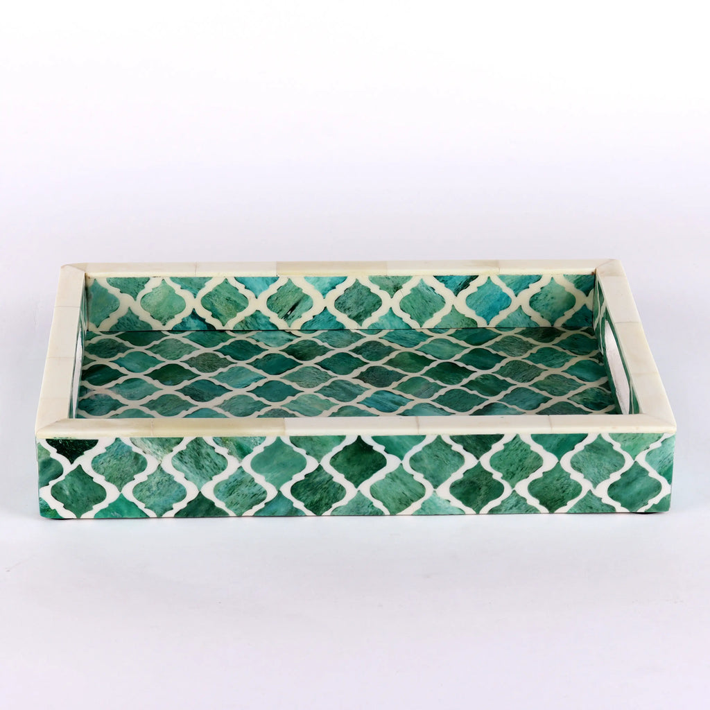 Decorative Moroccan Tray – Green & White Design, Available in 3 Sizes