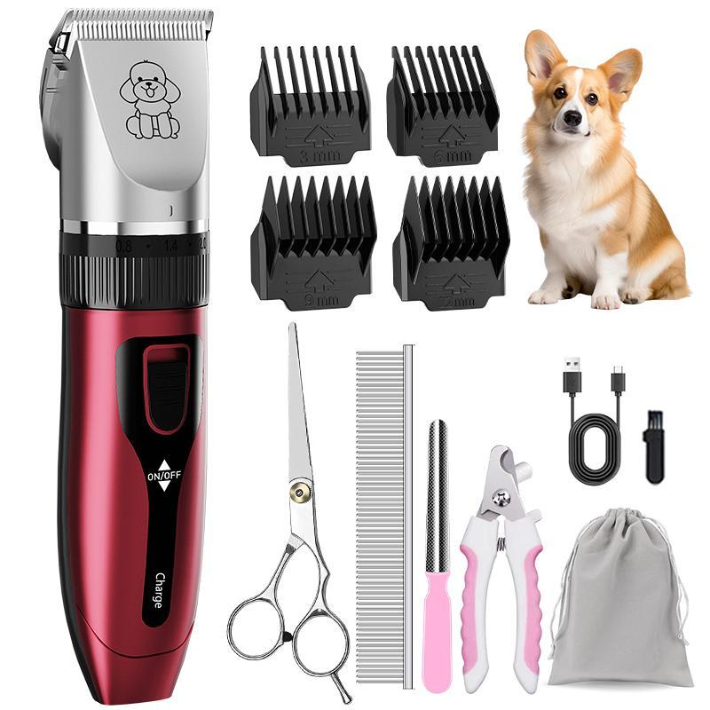 Ultimate Low Noise Dog Grooming Kit - Rechargeable Cordless Clippers for Dogs, Cats & Pets - Quiet & Efficient Red Trimmer Set