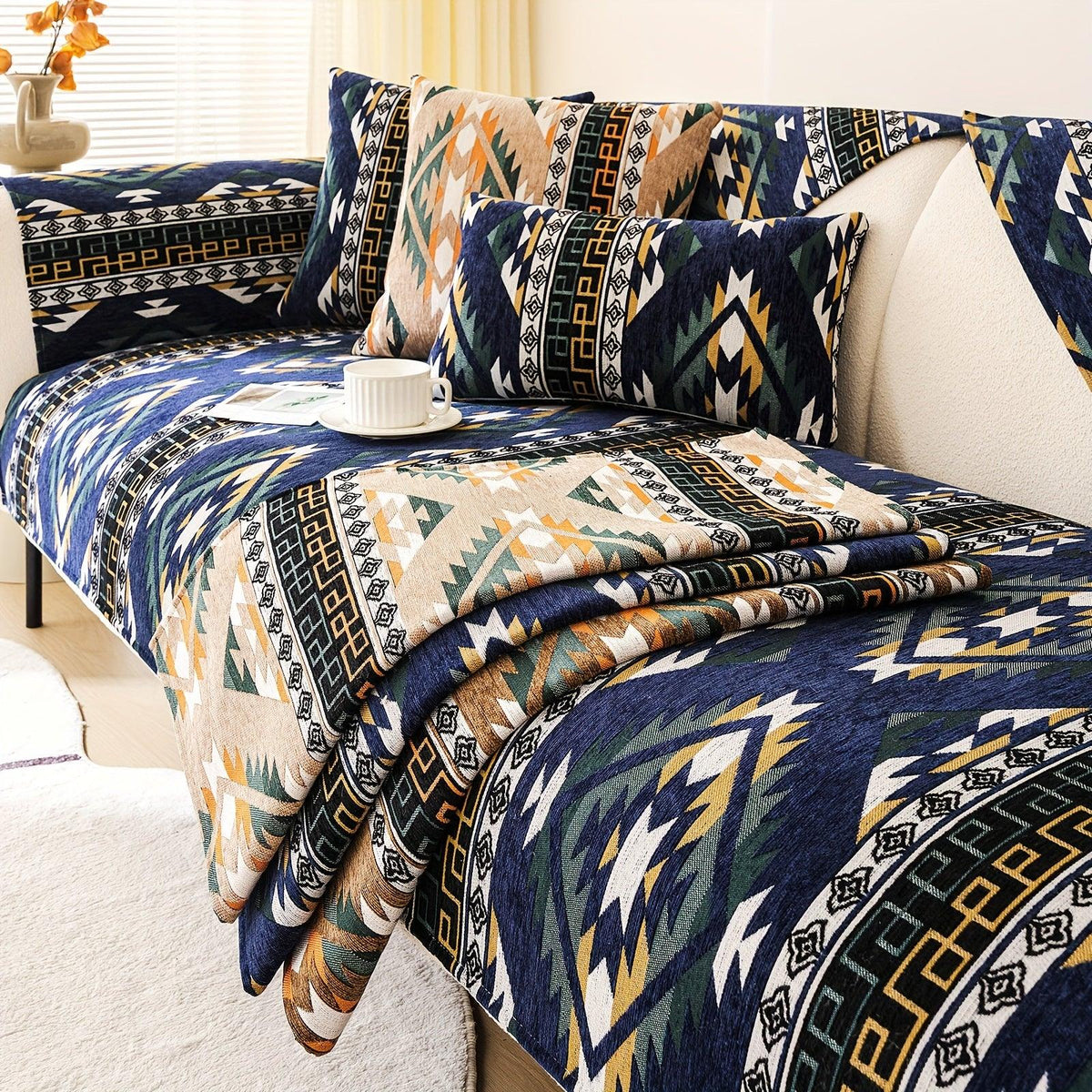 Boho Winter Couch Cover - Chic Snow Chenille Pet Protector