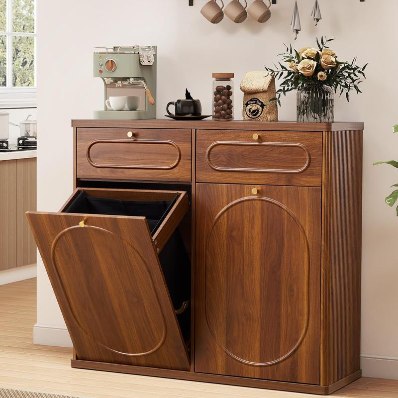 Giratree Tilt Out, Wood Kitchen Garbage Bin with Drawer, Fluted 10 Gallon Laundry Hamper