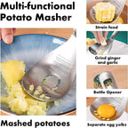 Heavy Duty Food Grade Stainless Steel: Multifunction Potato Masher w Slotted Spoon, Egg Separator, Grinder Kitchen Gadget, Easy Clean & Dishwasher Safe.
