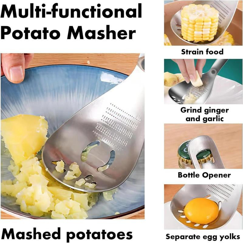 Heavy Duty Food Grade Stainless Steel: Multifunction Potato Masher w Slotted Spoon, Egg Separator, Grinder Kitchen Gadget, Easy Clean & Dishwasher Safe.