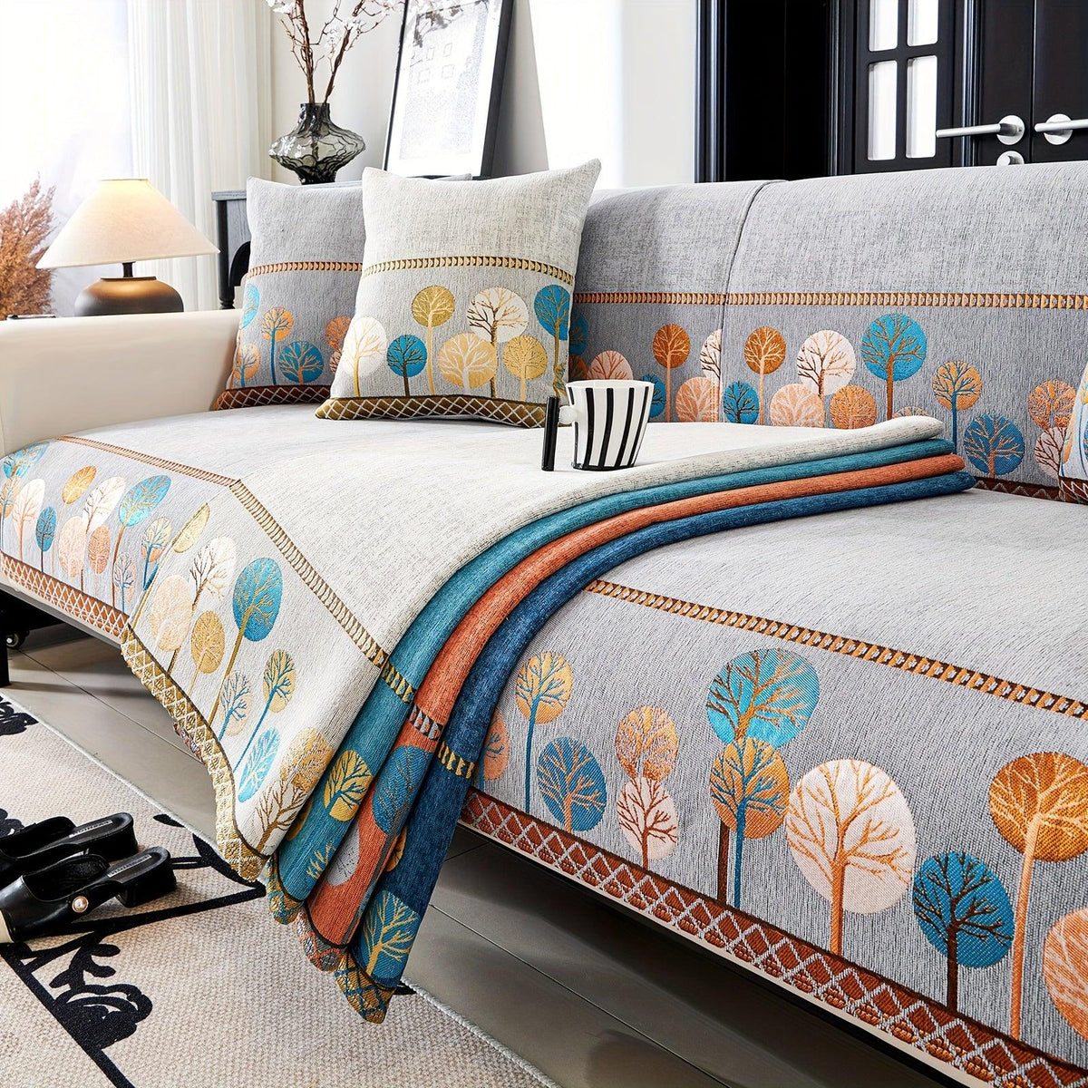 Autumn Trees Boho Chenille Sofa Cover Pet/Kid friendly