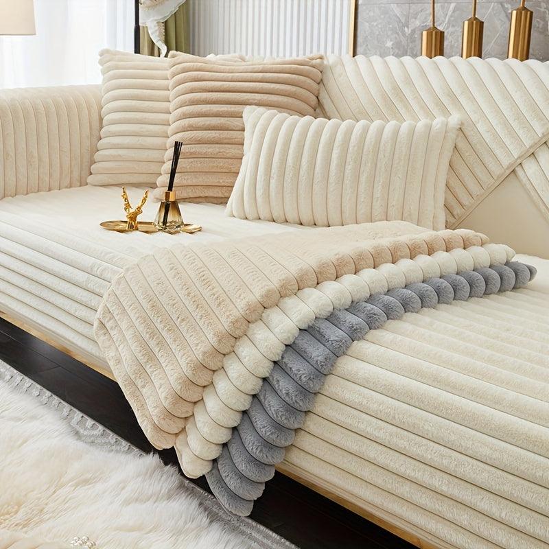 Luxurious Rabbit Fur Sofa Slipcover | Non-Slip Light Grey for Pet/Kid Protection