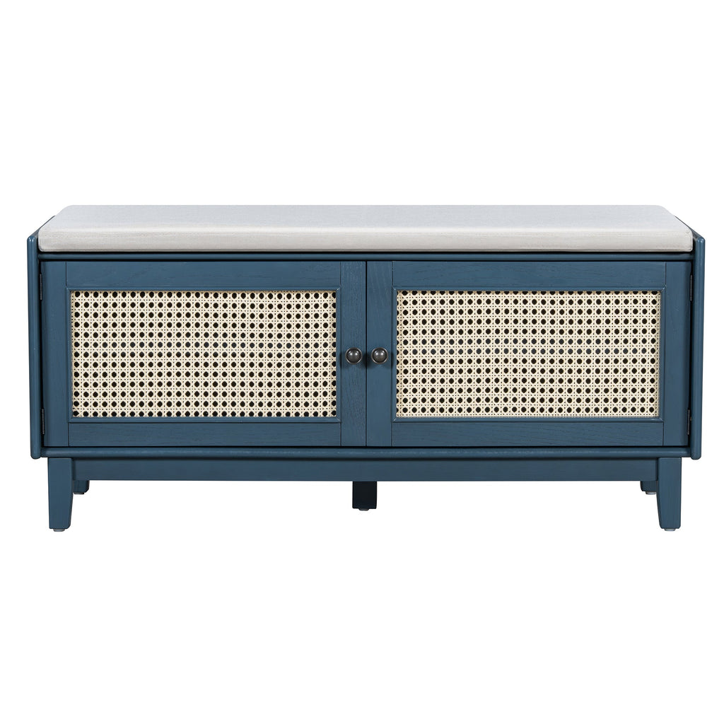 Boho Rattan Entryway Bench with Storage, Cushioned Shoe Bench with Double