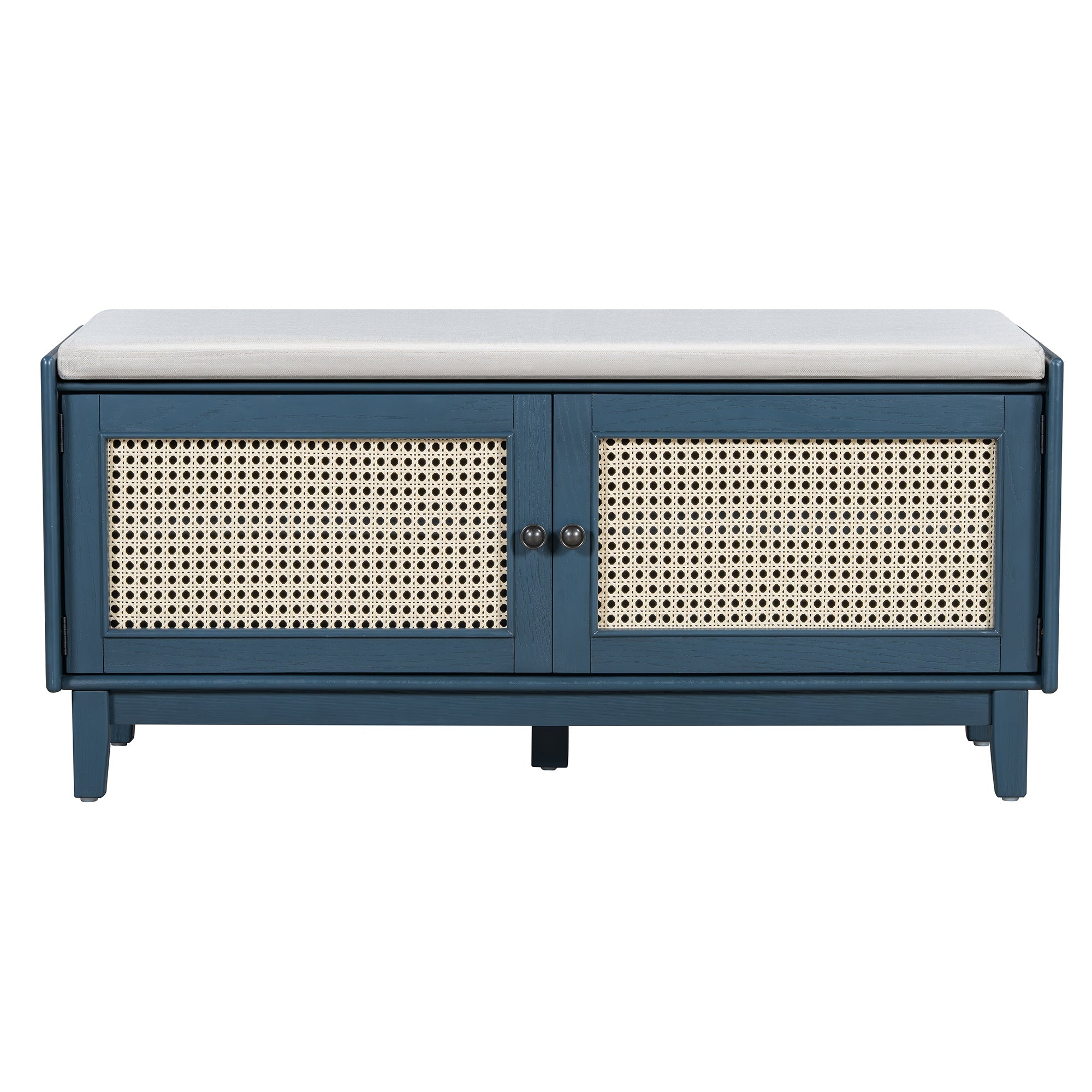 Boho Rattan Entryway Bench with Storage, Cushioned Shoe Bench with Double