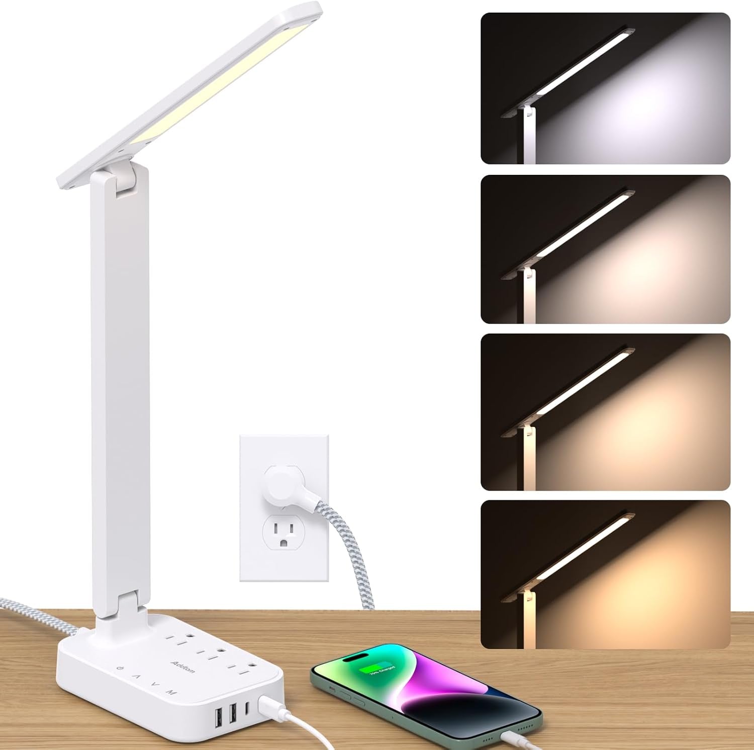 Addtam LED Touch Desk Lamp, Power Strip with 3 Outlets 4 USB Charging Ports(2 USBC)