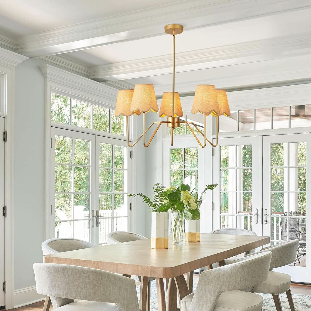 28 Inch Rattan Chandelier Antique Brass Five Light Pendant With Flower Shade Lamps
