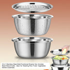 3-In-1 Stainless Steel Multi-Functional Strainer Set, Includes Basin/Sieve/Cutter, Ideal for Washing Rice Fruits Vegetables Kitchen Essentials