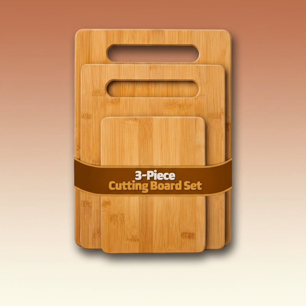 3-Piece Cutting Board Set - Bamboo Wood Chopping Boards with Built-In Hand Grips, Durable & Knife-Safe Wooden Boards for Kitchen Prep & Serving Lightweight