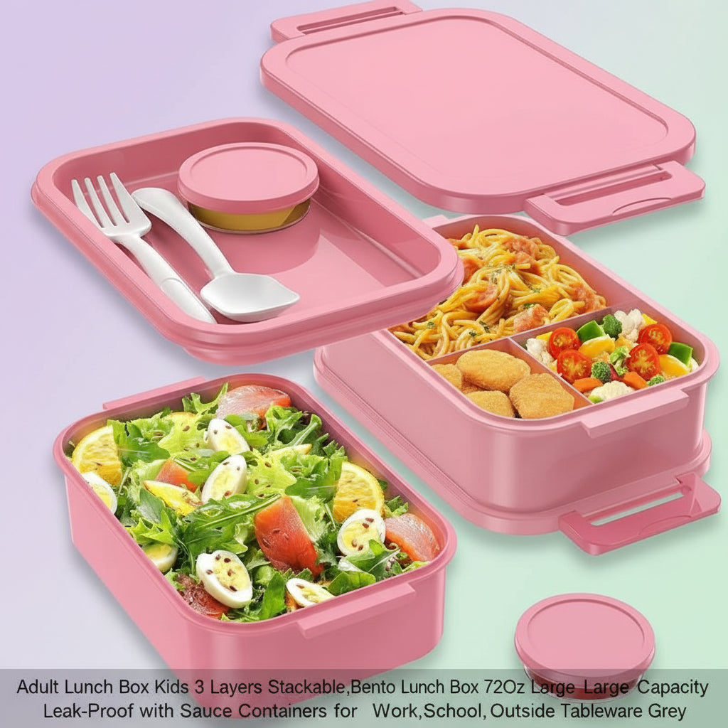 Adult Lunch Box Kids 3 Layers Stackable,Bento Lunch Box 72Oz Large Capacity Leak-Proof with Sauce Containers for Work,School,Outside Tableware Grey