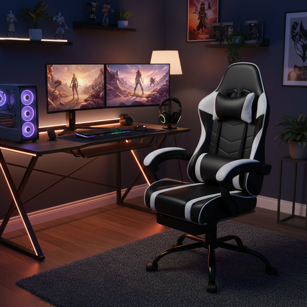 Bellemave Office  Gaming Chairs for Adults PU Leather Gaming or Office Chair with Footrest 360°Swivel Adjustable Lumbar Pillow Comfortable Computer Chair Ergonomic Design