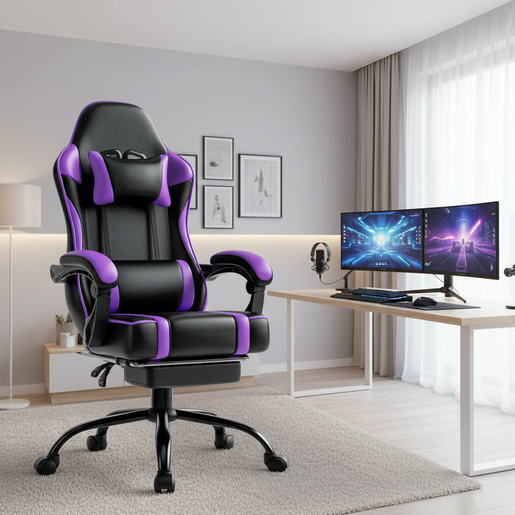 Bellemave Office  Gaming Chairs for Adults PU Leather Gaming or Office Chair with Footrest 360°Swivel Adjustable Lumbar Pillow Comfortable Computer Chair Ergonomic Design
