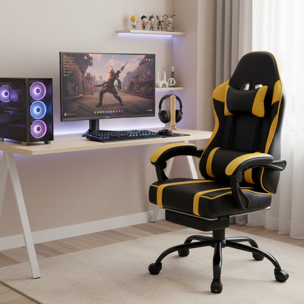 Bellemave Office  Gaming Chairs for Adults PU Leather Gaming or Office Chair with Footrest 360°Swivel Adjustable Lumbar Pillow Comfortable Computer Chair Ergonomic Design