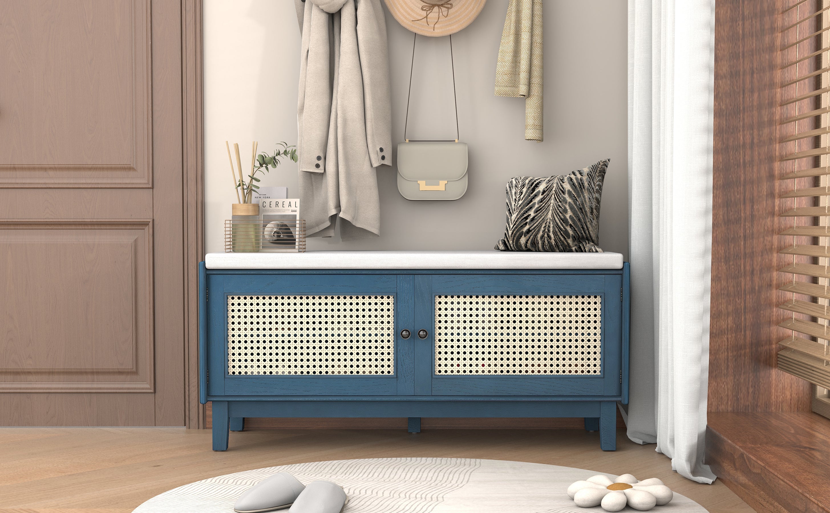 Boho Rattan Entryway Bench with Storage, Cushioned Shoe Bench with Double