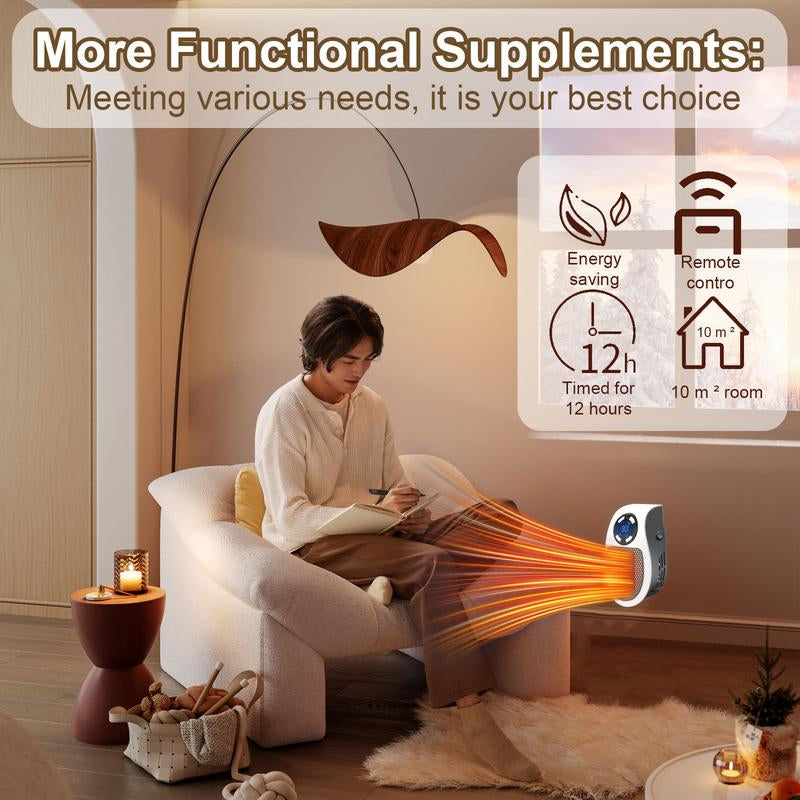 Remote Wall Outlet Electric Small Space Heater, Adjustable Thermostat, Timer and LED Display