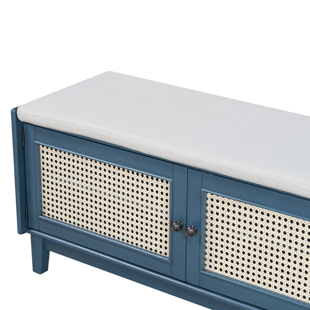 Boho Rattan Entryway Bench with Storage, Cushioned Shoe Bench with Double