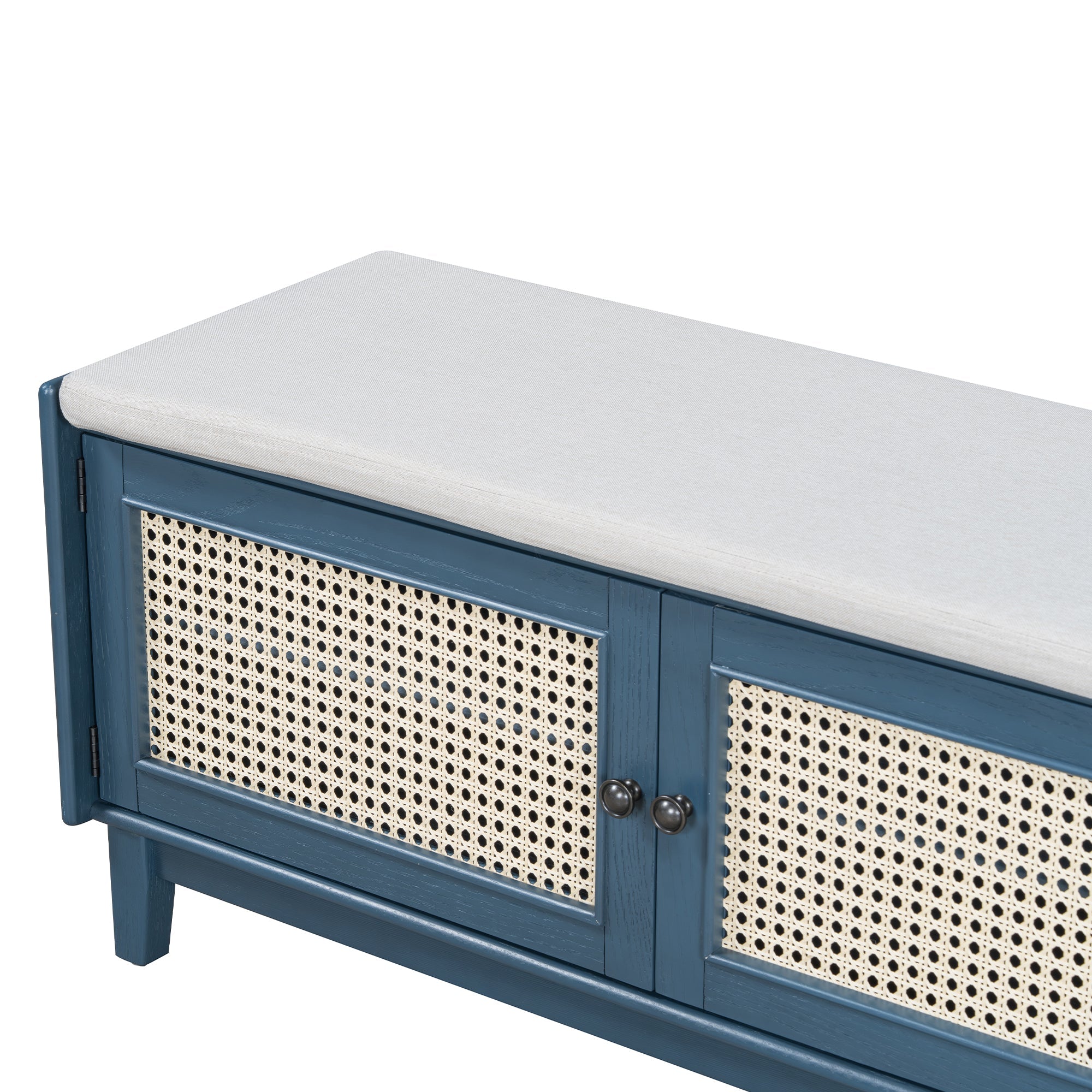 Boho Rattan Entryway Bench with Storage, Cushioned Shoe Bench with Double