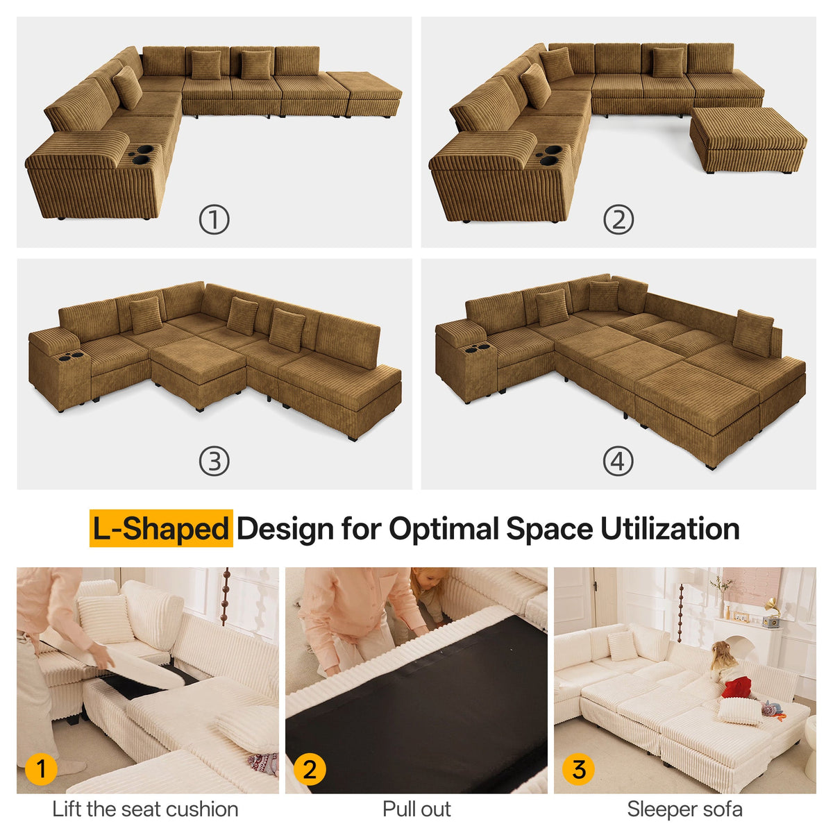 L-Shaped Sectional Sofa Set with Removable Ottoman