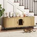 Fluted Hidden Cat Litter Box Enclosure – Modern Wood Furniture with Scratching Pad, Large Indoor Cat House Cabinet Side/End Table for Living Room & Entryway