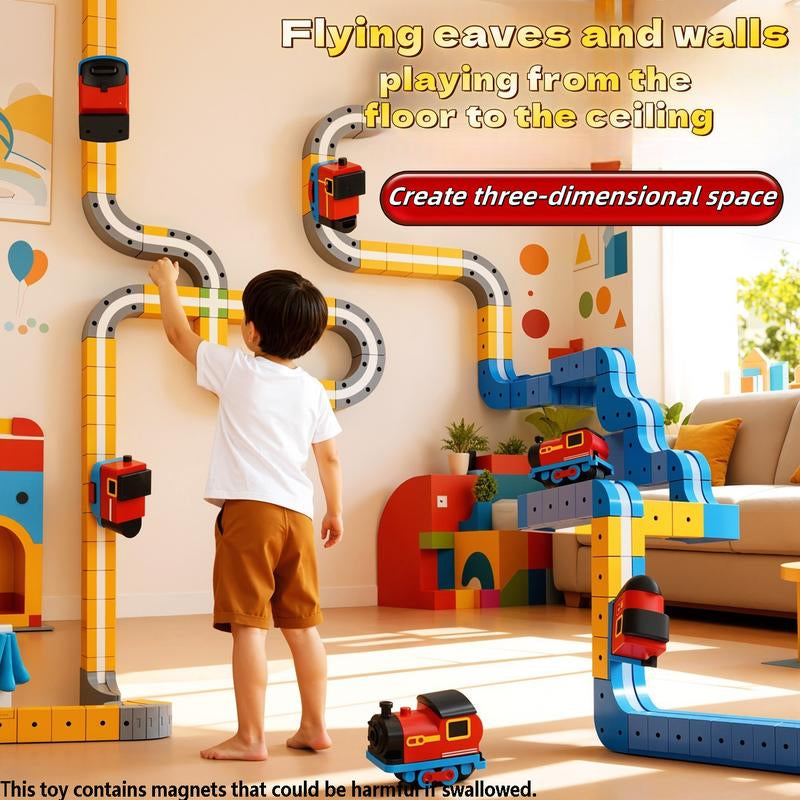 66PCS Magnetic Train Set Electric Train Track for Kids DIY Race Car Track with Train and Traffic Signs USB Rechargeable Gravity Defying Car Toy STEM Building Toys New Year Gift