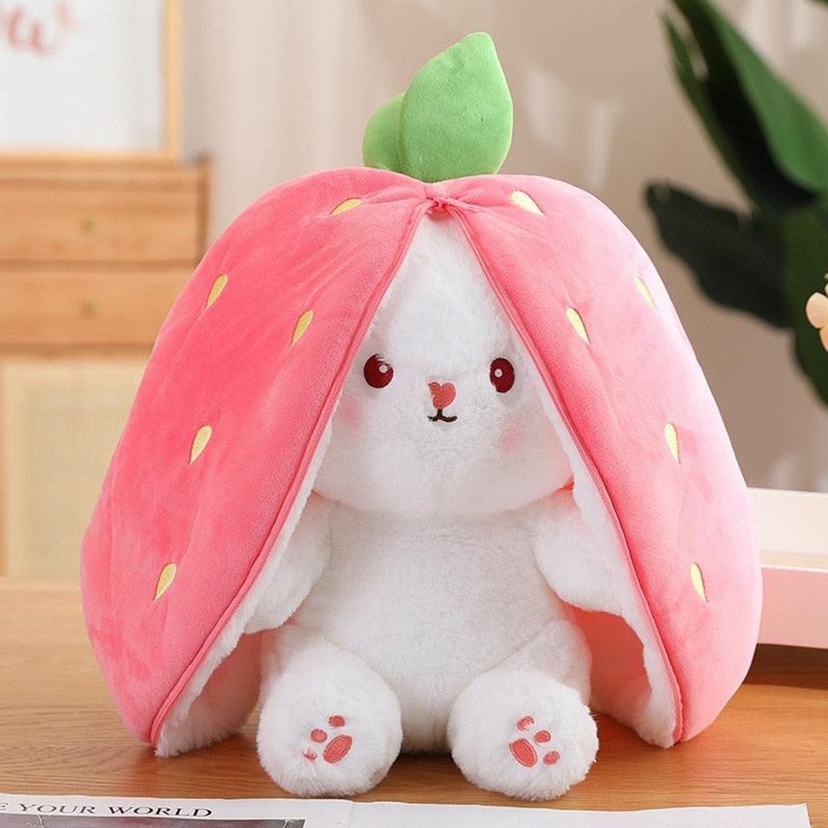 Reversible Strawberry Bunny Plush Toy for Kids Hide and Seek Transforming Toy