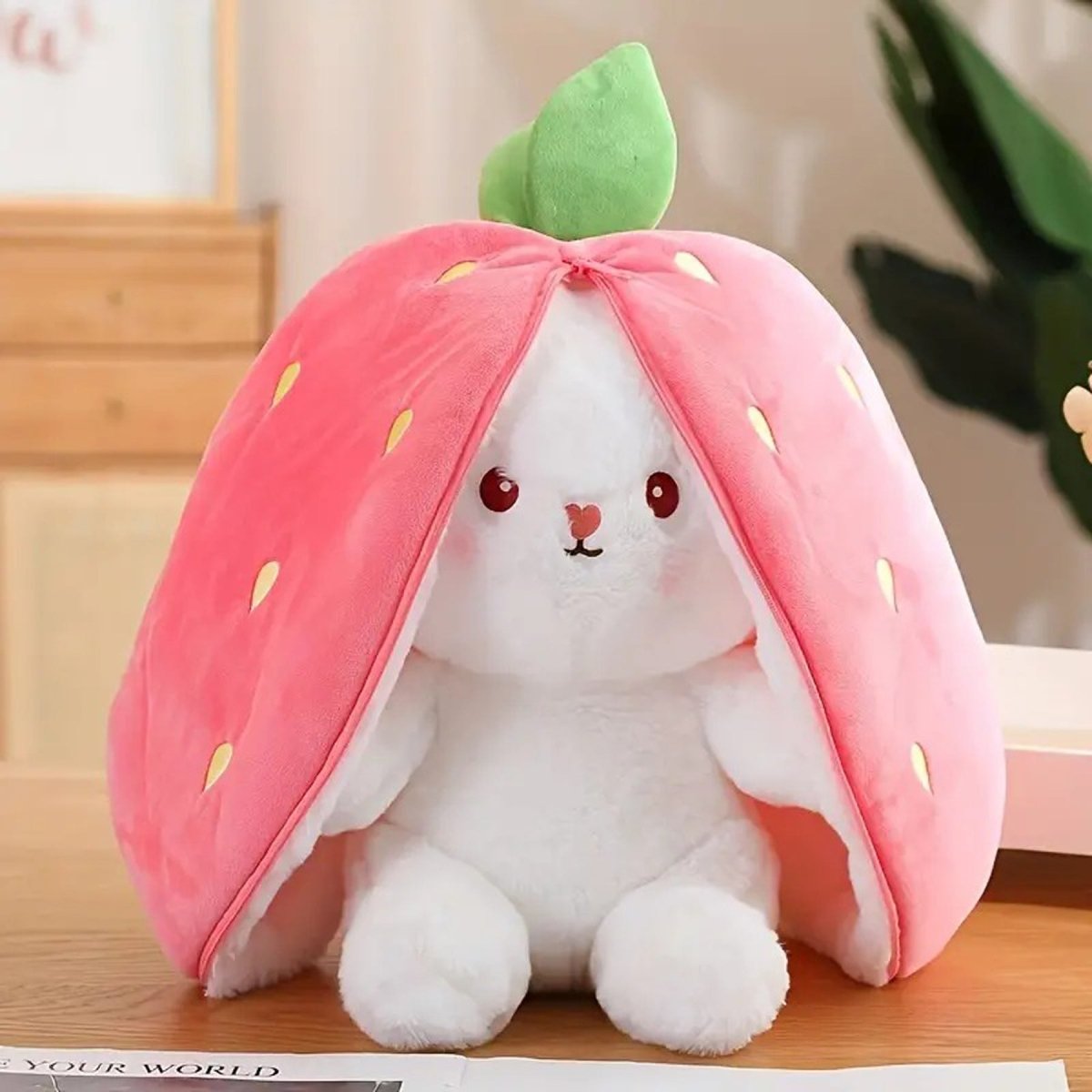 Reversible Strawberry Bunny Plush Toy for Kids Hide and Seek Transforming Toy