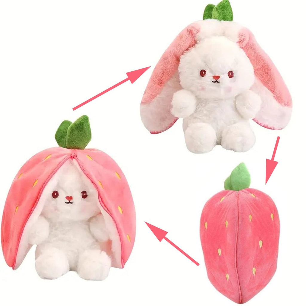 Reversible Strawberry Bunny Plush Toy for Kids Hide and Seek Transforming Toy