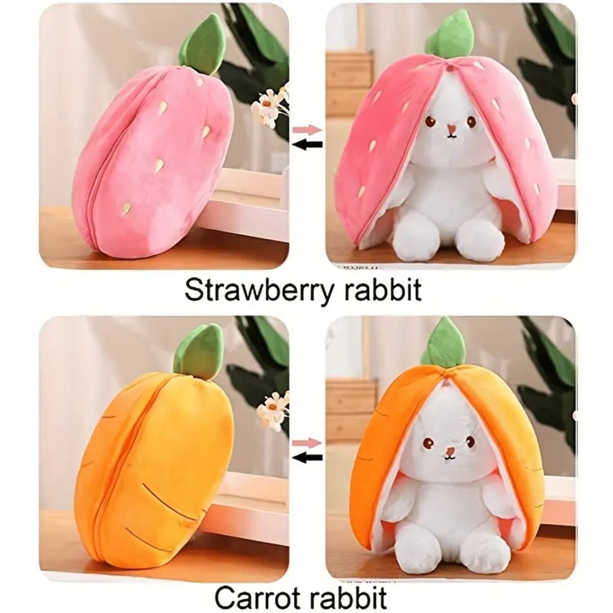 Reversible Strawberry Bunny Plush Toy for Kids Hide and Seek Transforming Toy