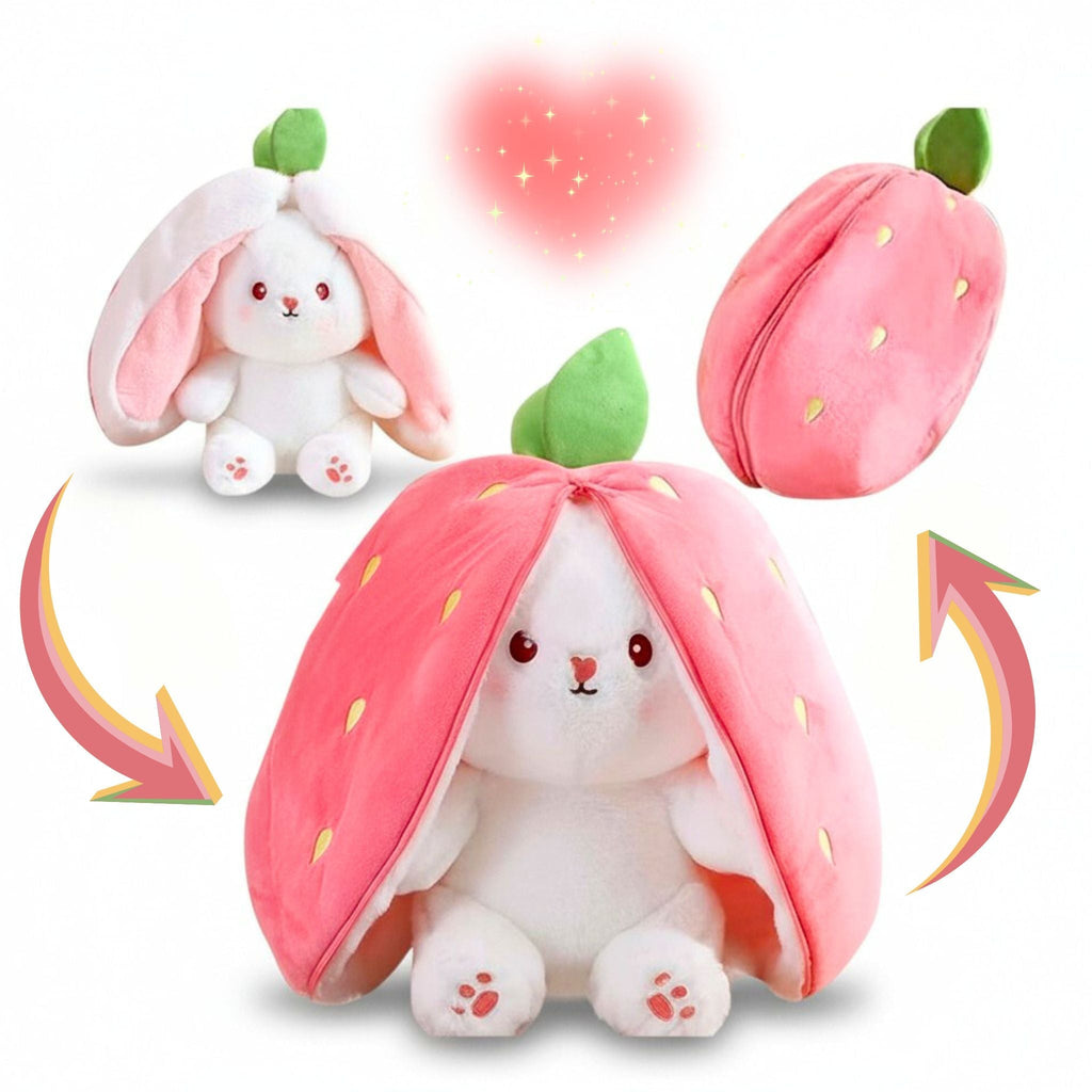 Reversible Strawberry Bunny Plush Toy for Kids Hide and Seek Transforming Toy