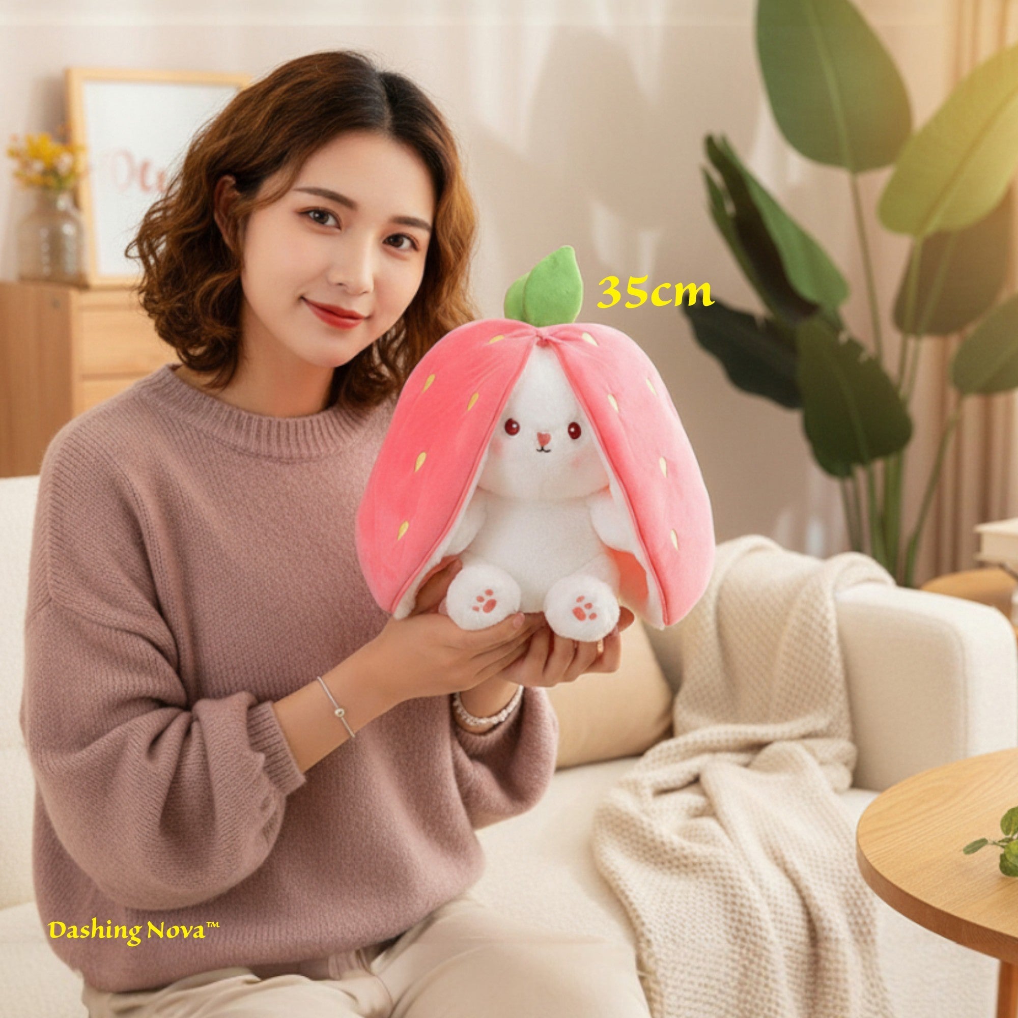 Reversible Strawberry Bunny Plush Toy for Kids Hide and Seek Transforming Toy