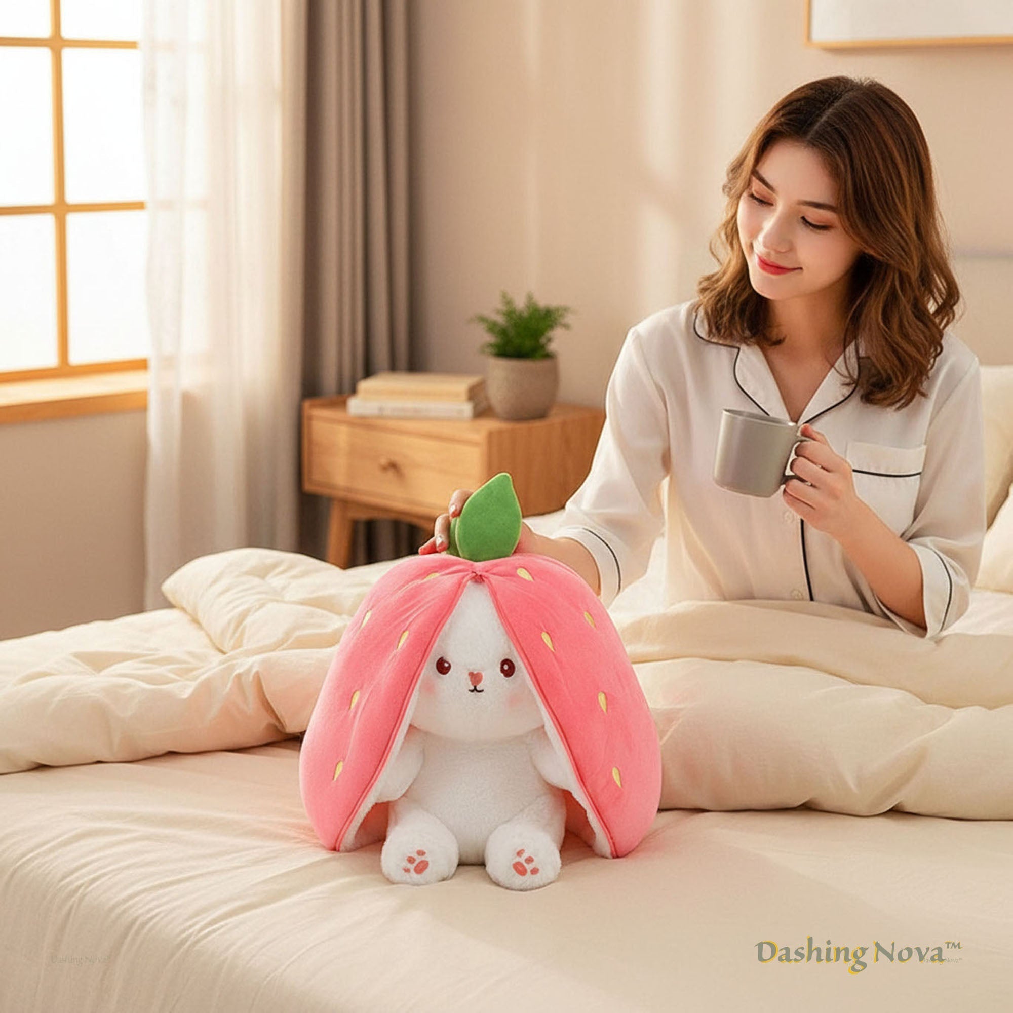 Reversible Strawberry Bunny Plush Toy for Kids Hide and Seek Transforming Toy