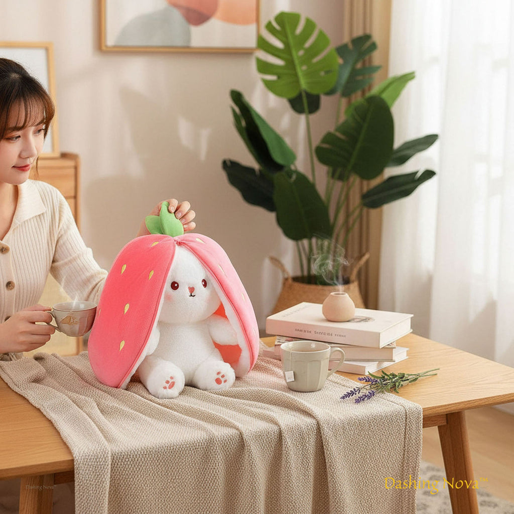 Reversible Strawberry Bunny Plush Toy for Kids Hide and Seek Transforming Toy