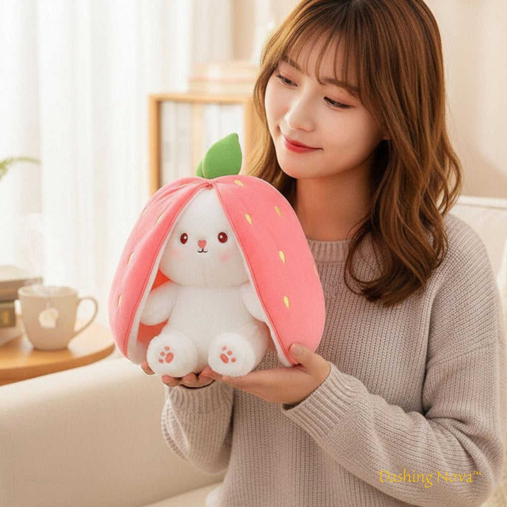 Reversible Strawberry Bunny Plush Toy for Kids Hide and Seek Transforming Toy