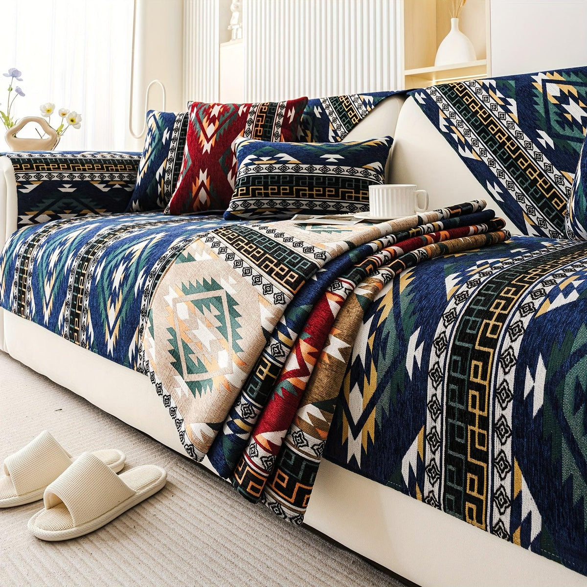 Boho Winter Couch Cover - Chic Snow Chenille Pet Protector