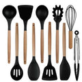 Silicone Cooking Utensils Set 10 Pcs - BPA Free Kitchen Utensil Set with Heat-Resistant Wood Handles, Non-Scratch Spatula Set Safe for Nonstick Cookware (Black)
