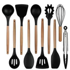 Silicone Cooking Utensils Set 10 Pcs - BPA Free Kitchen Utensil Set with Heat-Resistant Wood Handles, Non-Scratch Spatula Set Safe for Nonstick Cookware (Black)