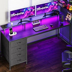 Computer Desk with Power Outlets and LED Lights, Gaming Desk with 4 Drawers, Office Desk with Monitor Stand, Study Work Home Office, Small Spaces, Black