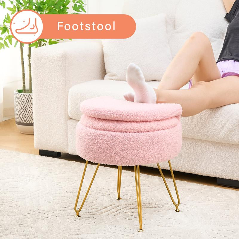 Teddy Velvet, Storage Vanity Stool Chair with Folding Back, Make-Up, Office, Bedroom
