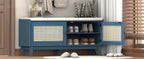 Boho Rattan Entryway Bench with Storage, Cushioned Shoe Bench with Double