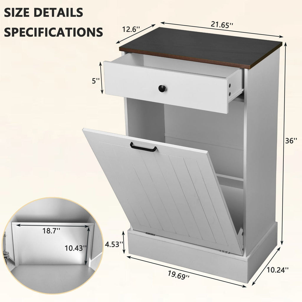 Tilt Out Hamper or Trash Cabinet With Drawer, 10 Gallon Hamper Cabinet - White