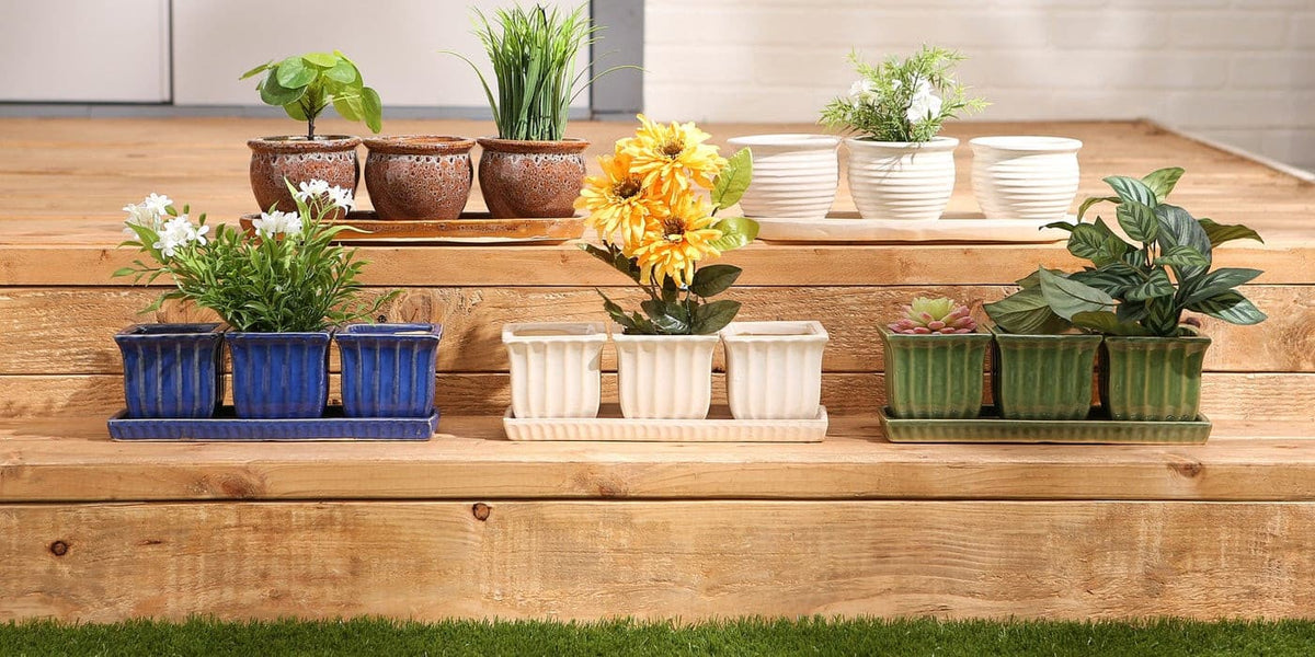 BROWN ROUND CERAMIC SMALL PLANTER SET OF 3