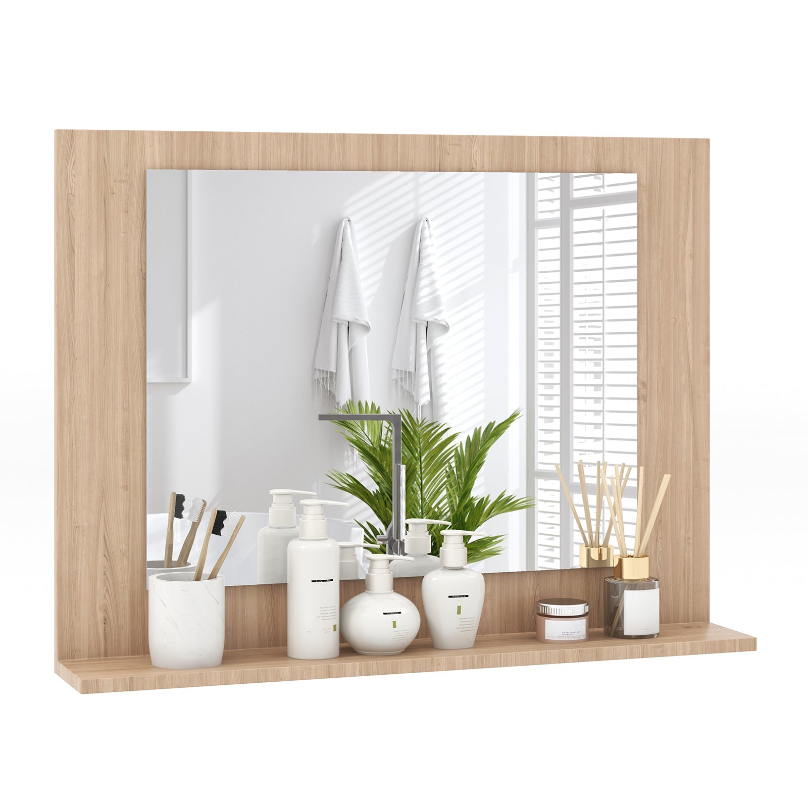 Wood Frame Rectangle Bathroom Mirror with Shelf 23.5 x 17.5 Inch