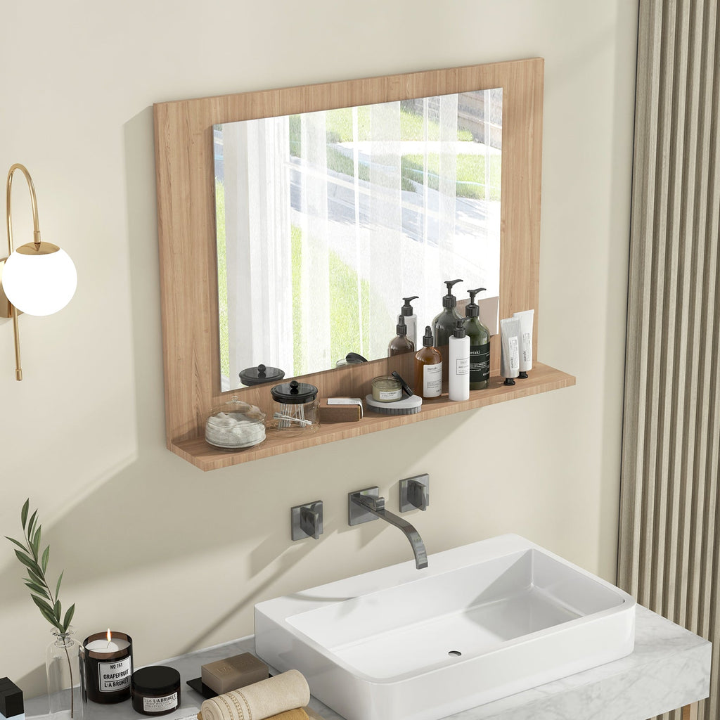Wood Frame Rectangle Bathroom Mirror with Shelf 23.5 x 17.5 Inch
