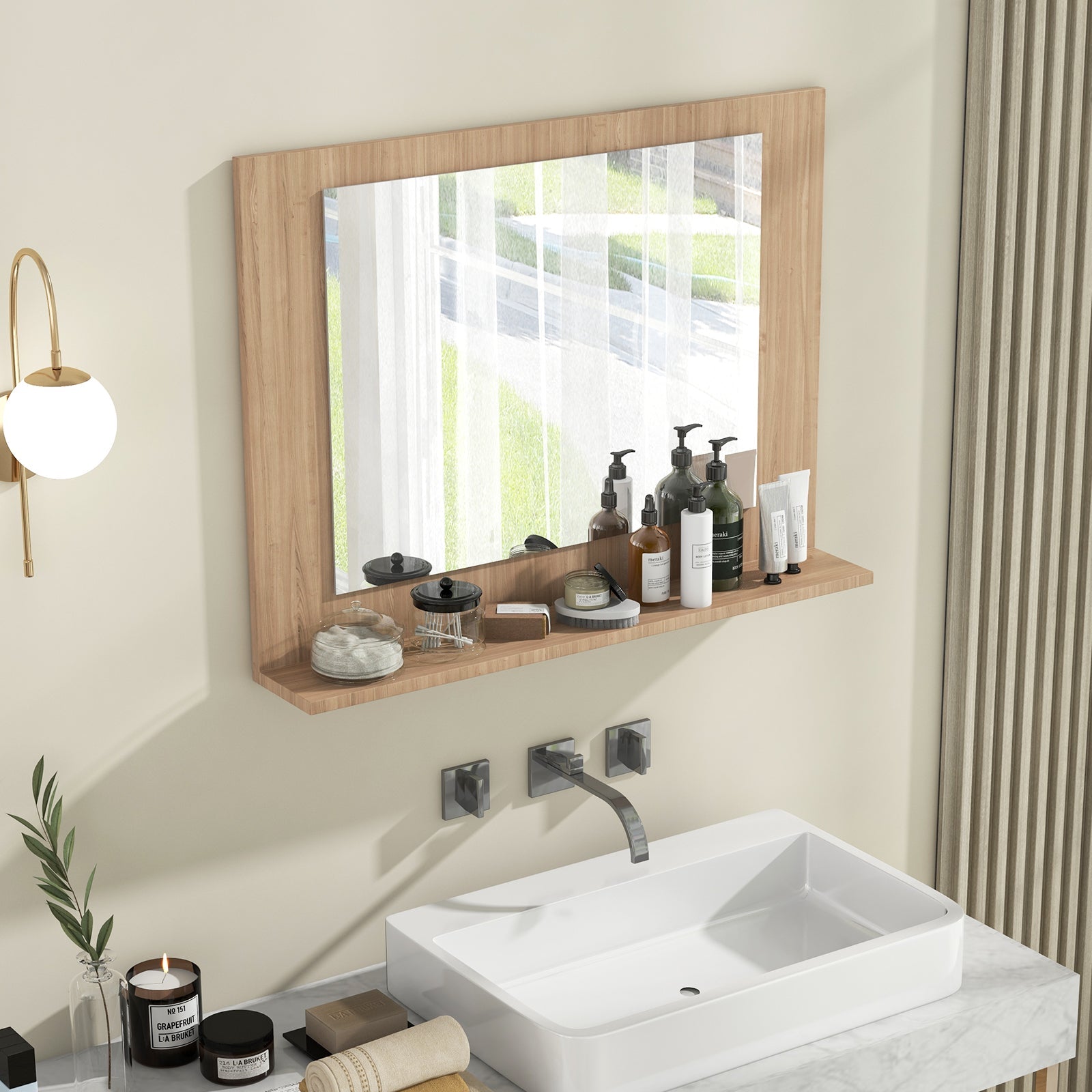 Wood Frame Rectangle Bathroom Mirror with Shelf 23.5 x 17.5 Inch