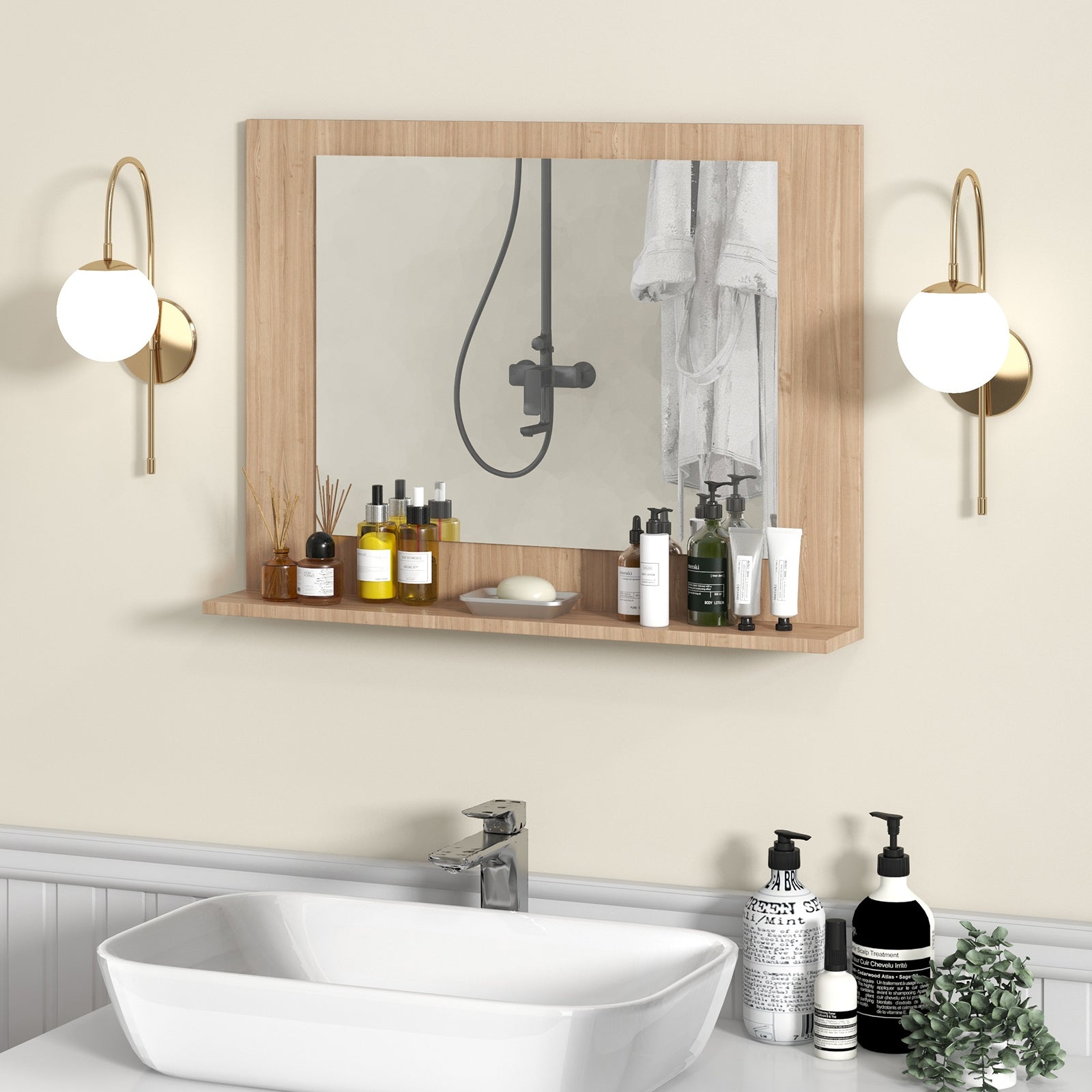 Wood Frame Rectangle Bathroom Mirror with Shelf 23.5 x 17.5 Inch